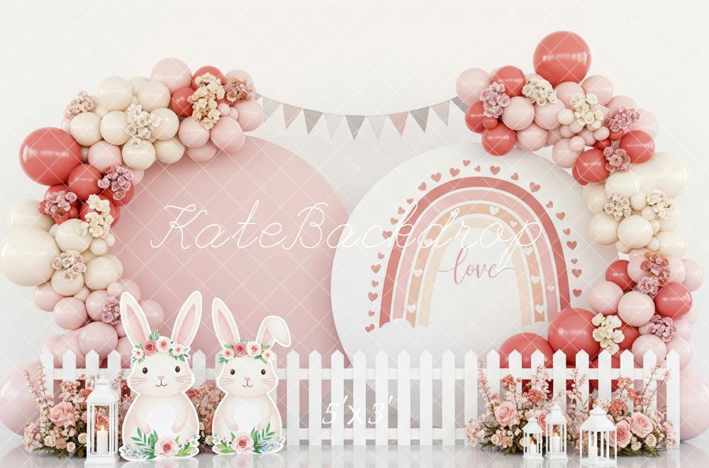 Kate Easter Bunny Pink Balloon Arch Floral Rainbow Backdrop Designed by Patty Roberts
