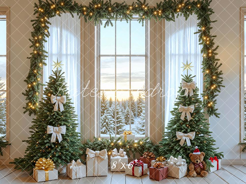 Kate Christmas Tree Garland Window Gifts Bow Snow Backdrop Designed by Mini MakeBelieve