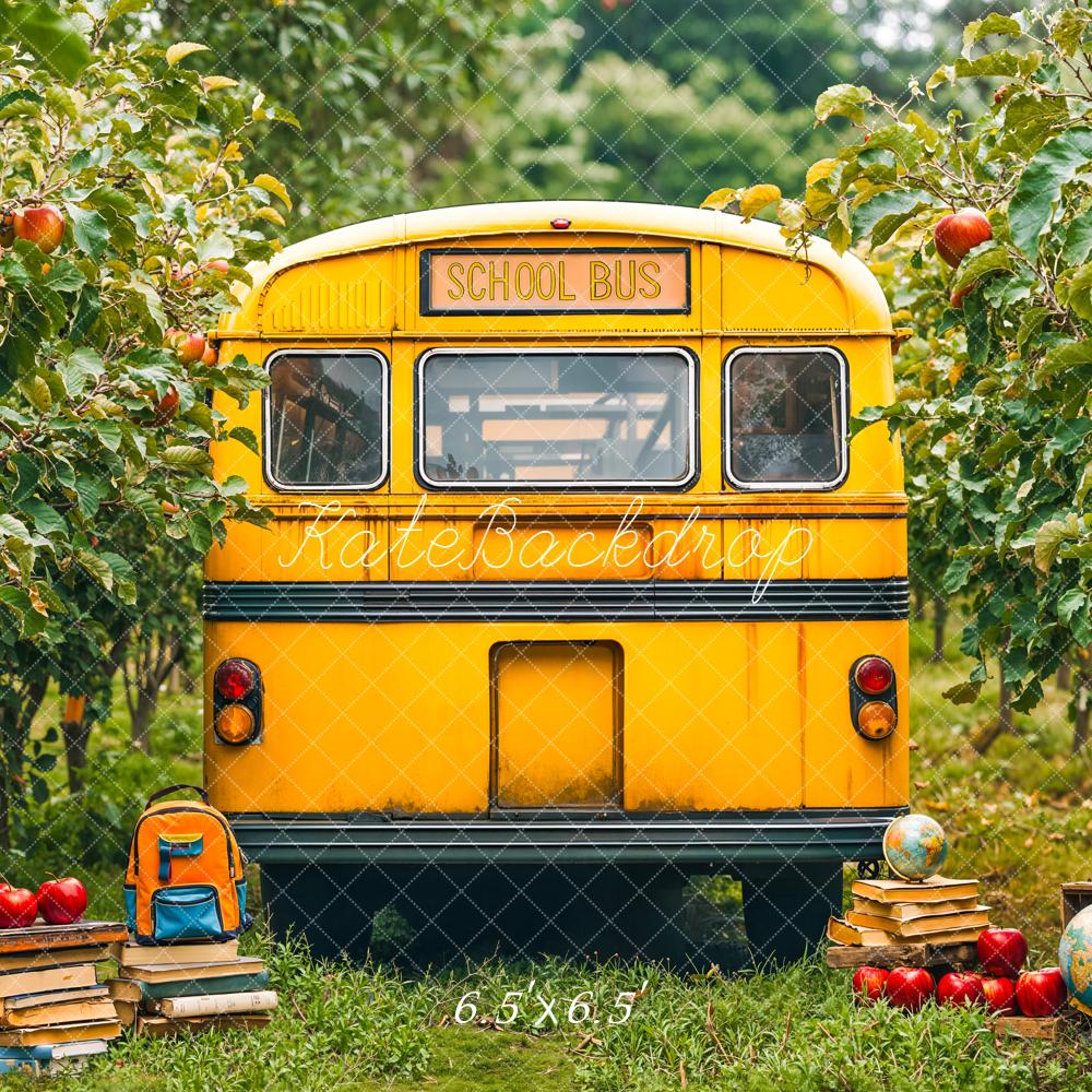 Kate Back to School Yellow School Bus Orchard Apples Backdrop Designed by Emetselch