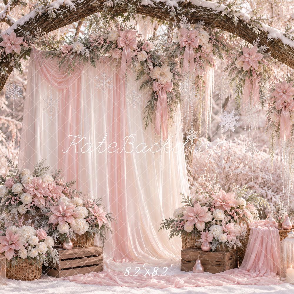 Kate Winter Pink Flower Branch Arch Snowy Outdoor Printed Backdrop Designed by Ashley Paul
