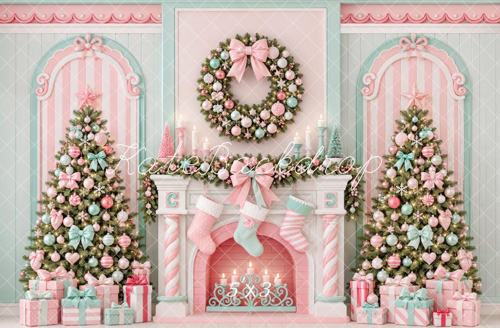 Kate Christmas Pastel Candy Cane Fireplace Wreath Trees Printed Backdrop Designed by Emetselch