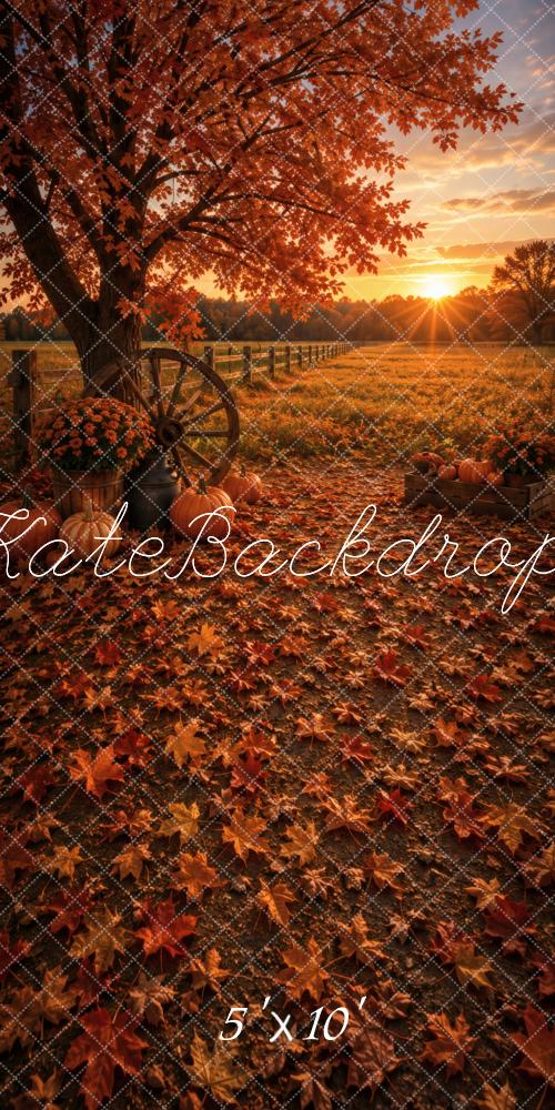 TEST Kate Sweep Fall Tree Maple Leaves Wagon Wheel Pumpkins Sunset Field Printed Backdrop Designed by Vertigo Productions