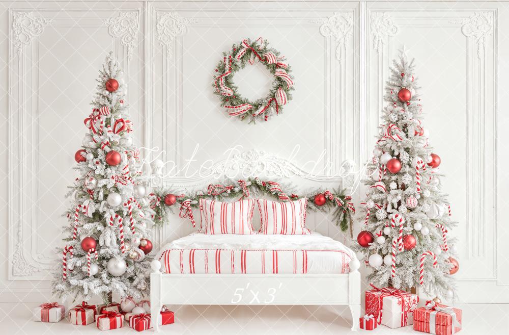 Kate Christmas White Bedroom Candy Cane Trees Red Ornaments Backdrop Designed by Emetselch