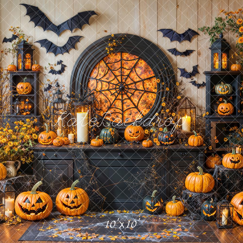 Kate Halloween Pumpkin Spiderweb Bat Black Cabinets Backdrop Designed by Emetselch