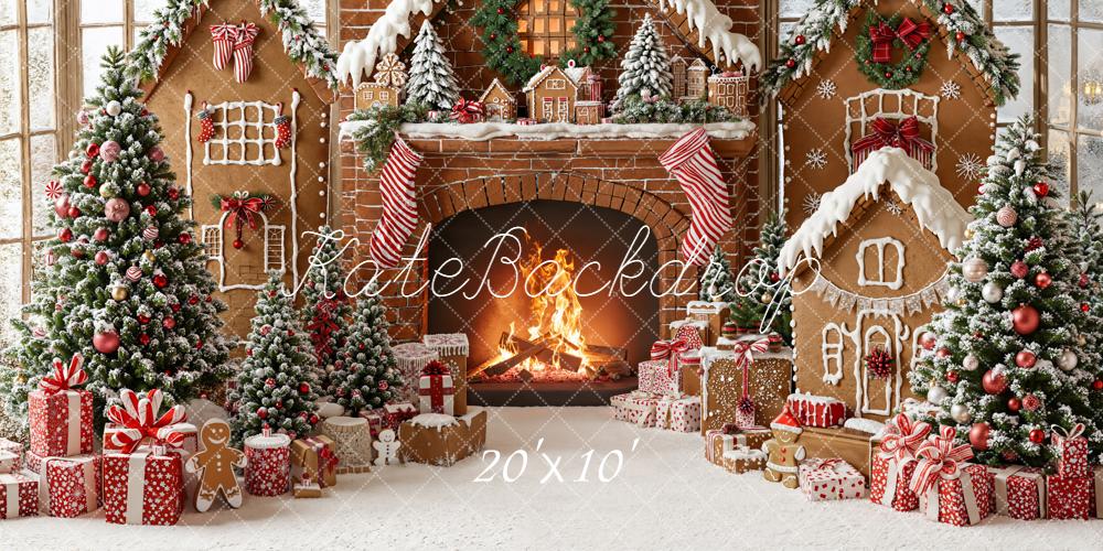 Kate Christmas Gingerbread Fireplace Trees Gifts Brick Wall Backdrop Designed by Emetselch