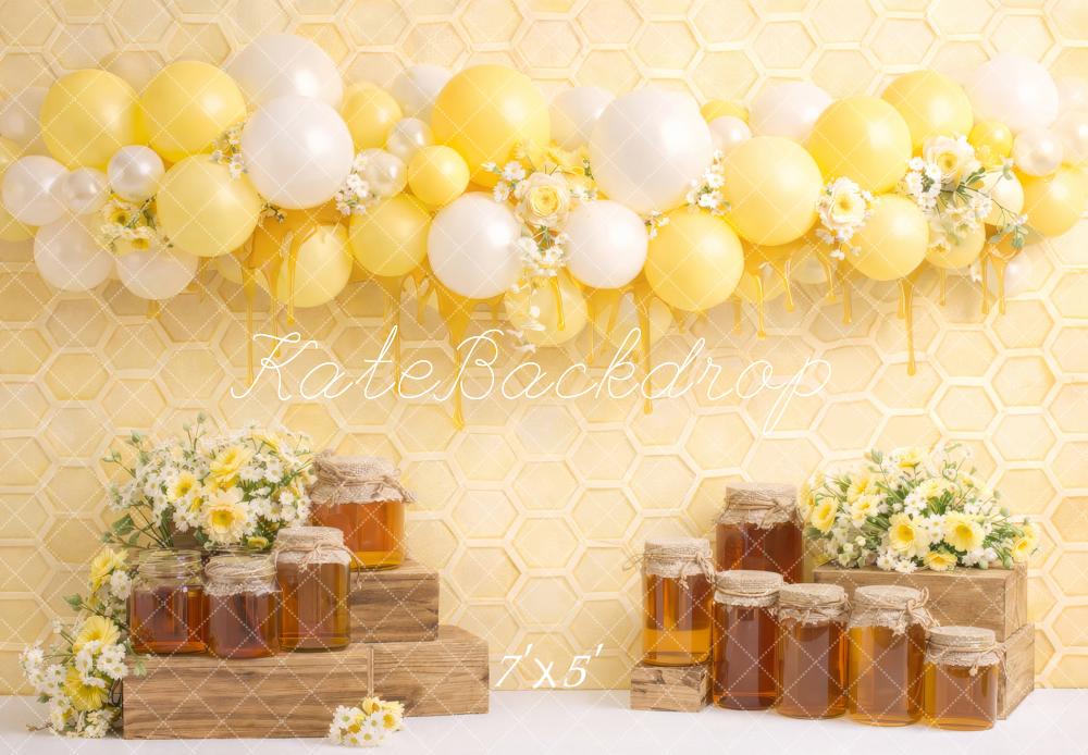 Kate Cake Smash Yellow Honeycomb Balloons Honey Jars Flowers Backdrop Designed by Megan Leigh Photography