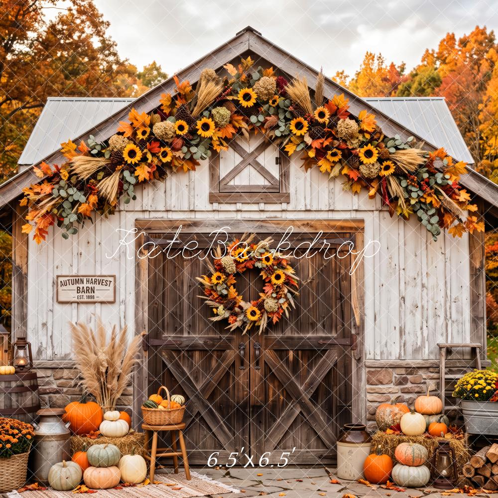Kate Fall Wood Barn Sunflowers Pumpkins Harvest Forest Printed Backdrop Designed by Patty Roberts