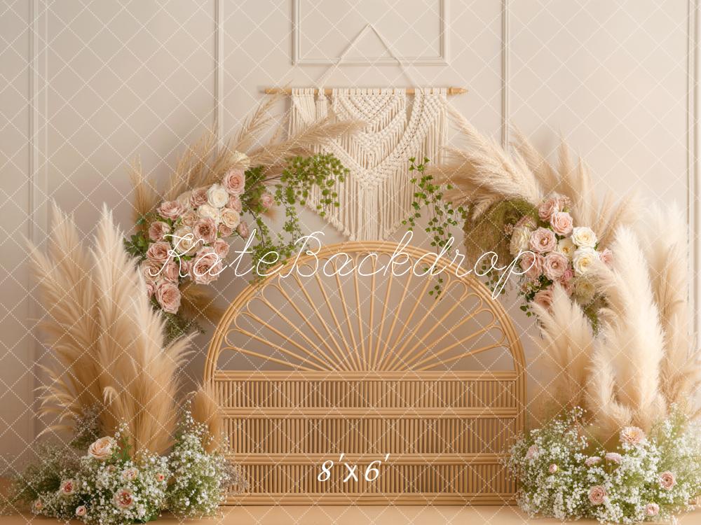 Kate Boho Headboard Rattan Flower Arch Pampas Grass Beige Printed Backdrop Designed by Emetselch