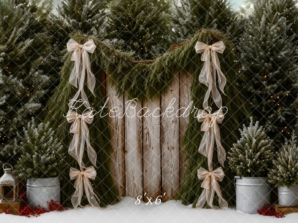 Kate Christmas Pine Trees Garland Rustic Wood Bows Printed Backdrop Designed by Emetselch