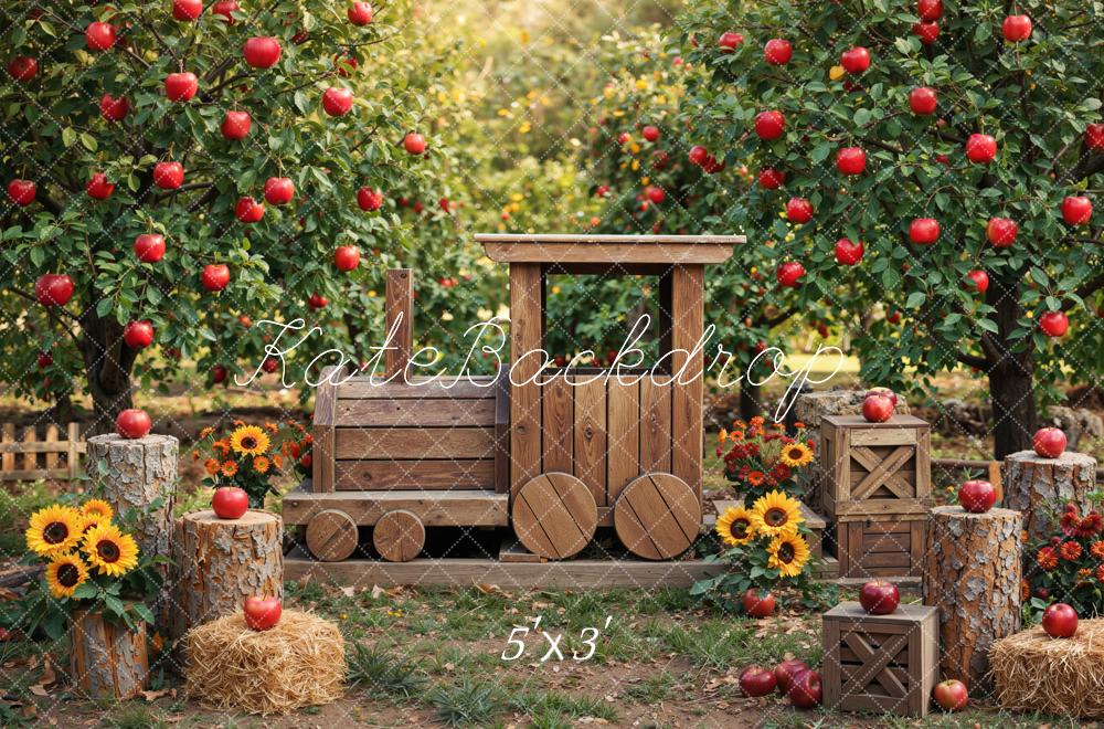 Kate Fall Wooden Train Apple Orchard Sunflowers Printed Backdrop Designed by Mini MakeBelieve