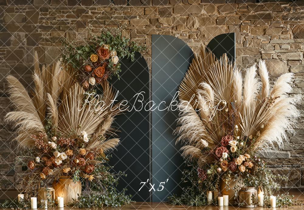 Kate Mother's Day Boho Pampas Grass Dried Flowers Stone Wall Backdrop Designed by Emetselch