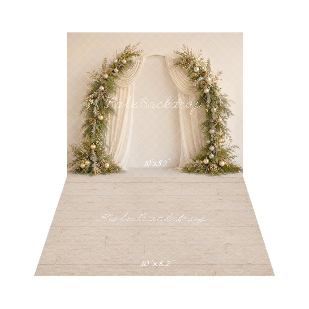 Kate Christmas Flower Arch Pinecones Ornaments Cream Drapes Printed Backdrop+Beige Wood Plank Floor Backdrop Printed Backdrop