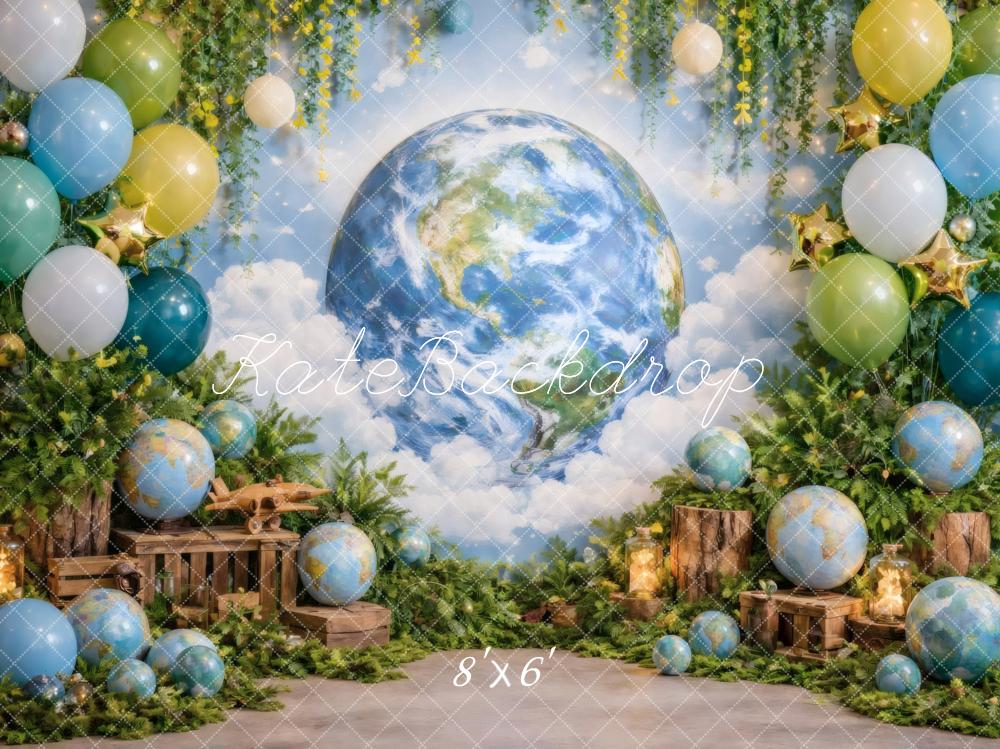 Kate Earth Globe Balloons Greenery Wooden Crates Printed Backdrop Designed by Vertigo Productions