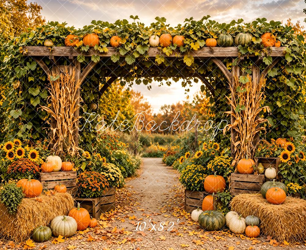 Kate Fall Floral Archway Pumpkin Sunflowers Hay Bales Printed Backdrop Designed by Emetselch