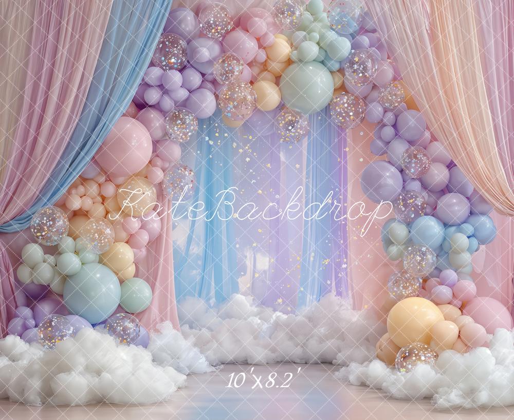 Kate Cake Smash Pastel Balloon Arch Clouds Curtains Printed Backdrop Designed by Ashley Paul