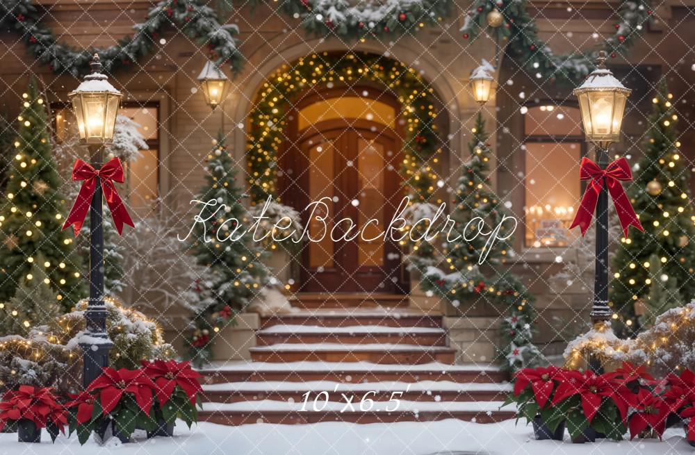 Kate Christmas Snowy Porch Garland Red Bows Lamppost Backdrop Designed by Emetselch