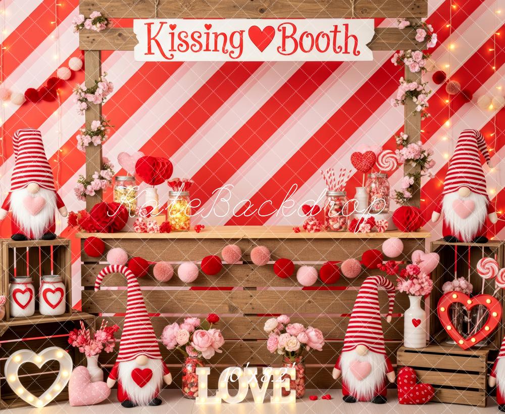 Kate Valentine's Day Kissing Booth Red Striped Gnomes Backdrop Designed by Patty Roberts