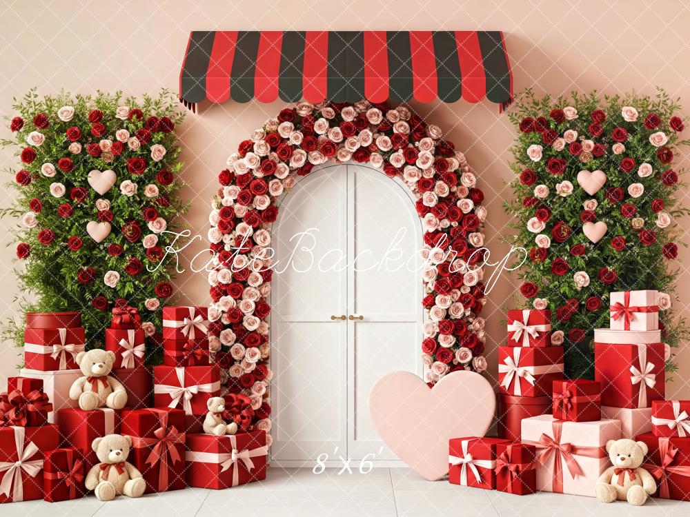 Kate Valentine's Day Flower Arch Red Gift Boxes Teddy Bears Backdrop Designed by Patty Roberts