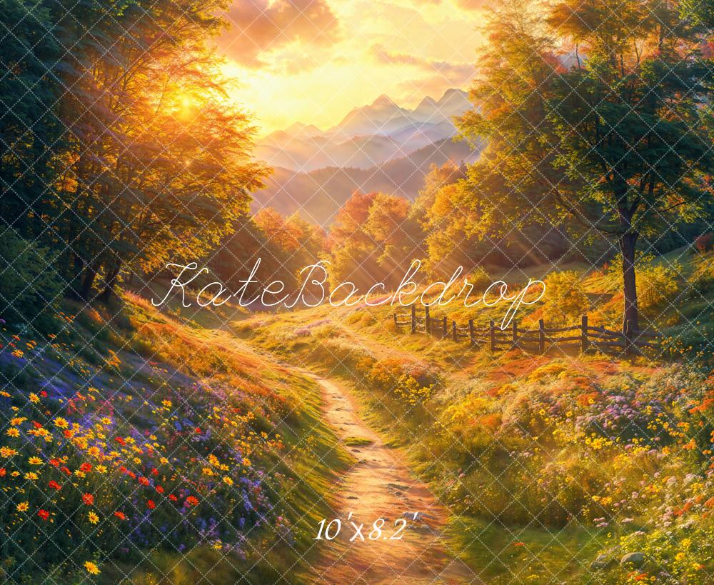 Kate Fall Forest Flowers Pathway Sunset Backdrop Designed by Emetselch