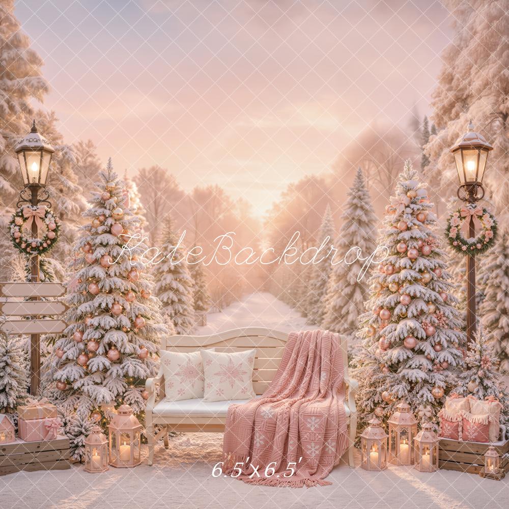 Kate Christmas Snowy Trees Bench Pink Gifts Outdoor Printed Backdrop Designed by Emetselch