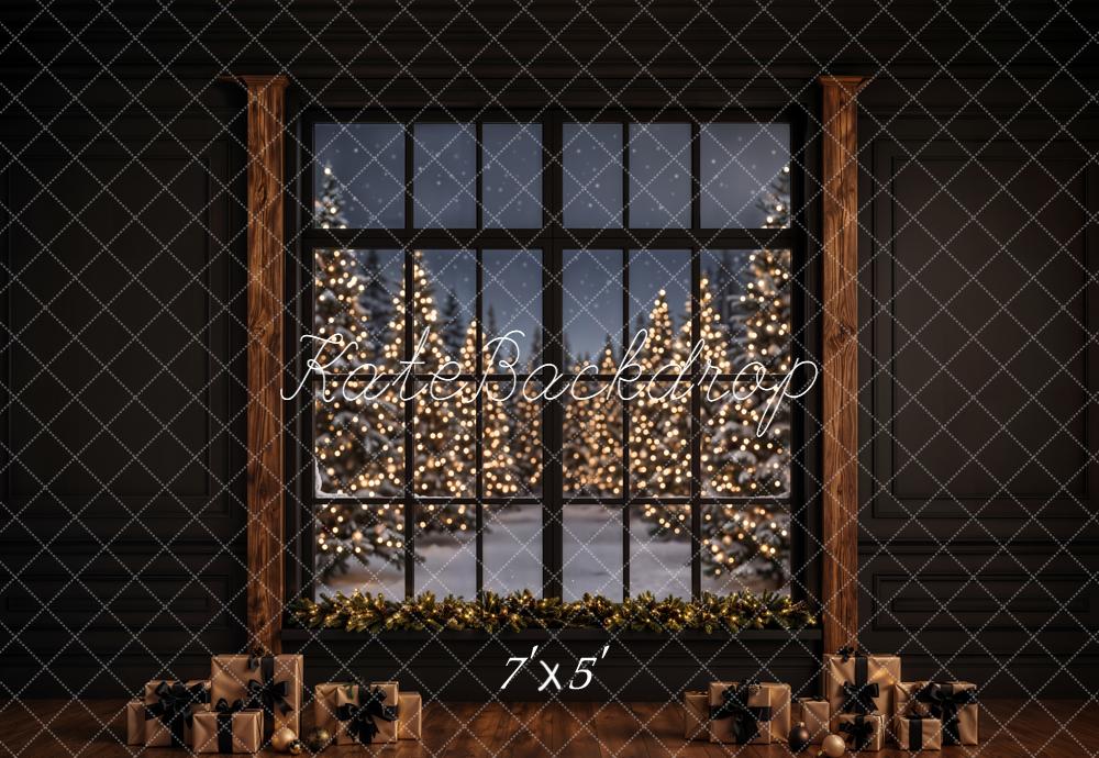 Kate Christmas Window Night Trees Presents Printed Backdrop Designed by Emetselch