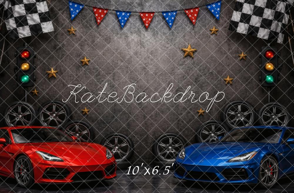 Kate Race Car Checkered Flags Wheels Traffic Lights Stars Printed Backdrop Designed by Vertigo Productions