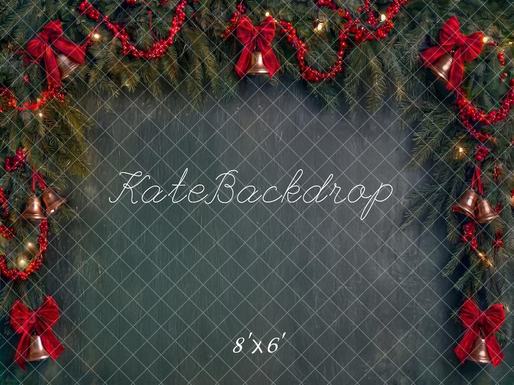 Kate Christmas Evergreen Garland Red Bows Bells Printed Backdrop Designed by Angela Miller