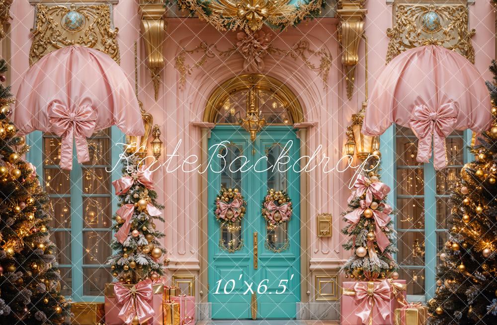 Kate Christmas Retro Arch Door Pink Bow Ornaments Backdrop Designed by Emetselch