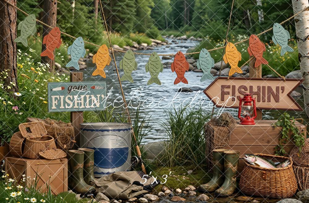 Kate Fishing Camp River Garland and Baskets Printed Backdrop Designed by Emetselch