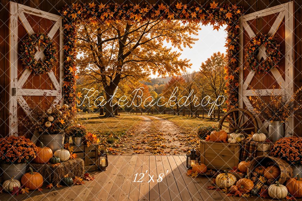 Kate Fall Barn Door Pumpkins Hay Bales Maple Leaves Printed Backdrop Designed by Emetselch