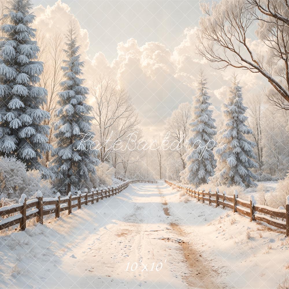 Kate Winter Snowy Road Pine Trees Fence Backdrop Designed by Emetselch