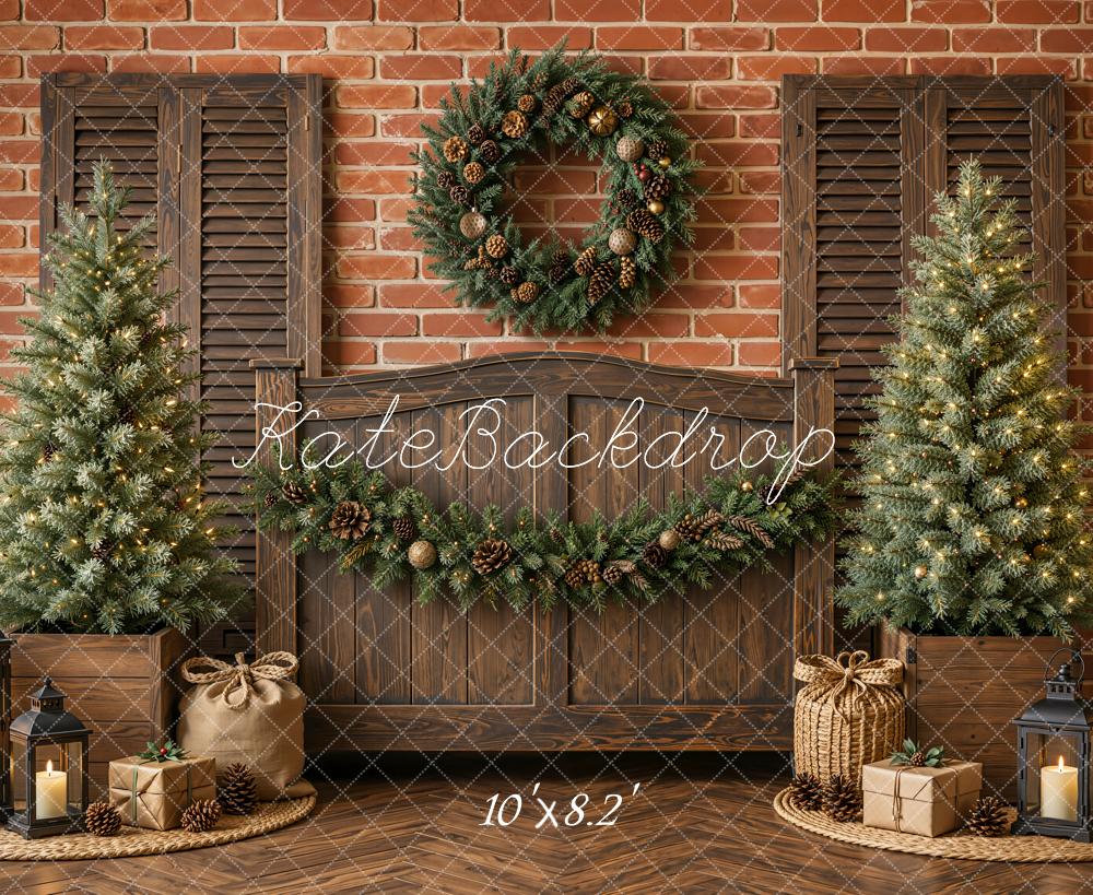Kate Christmas Headboard Rustic Wood Christmas Tree Wreath Garland Brick Wall Printed Backdrop Designed by Emetselch