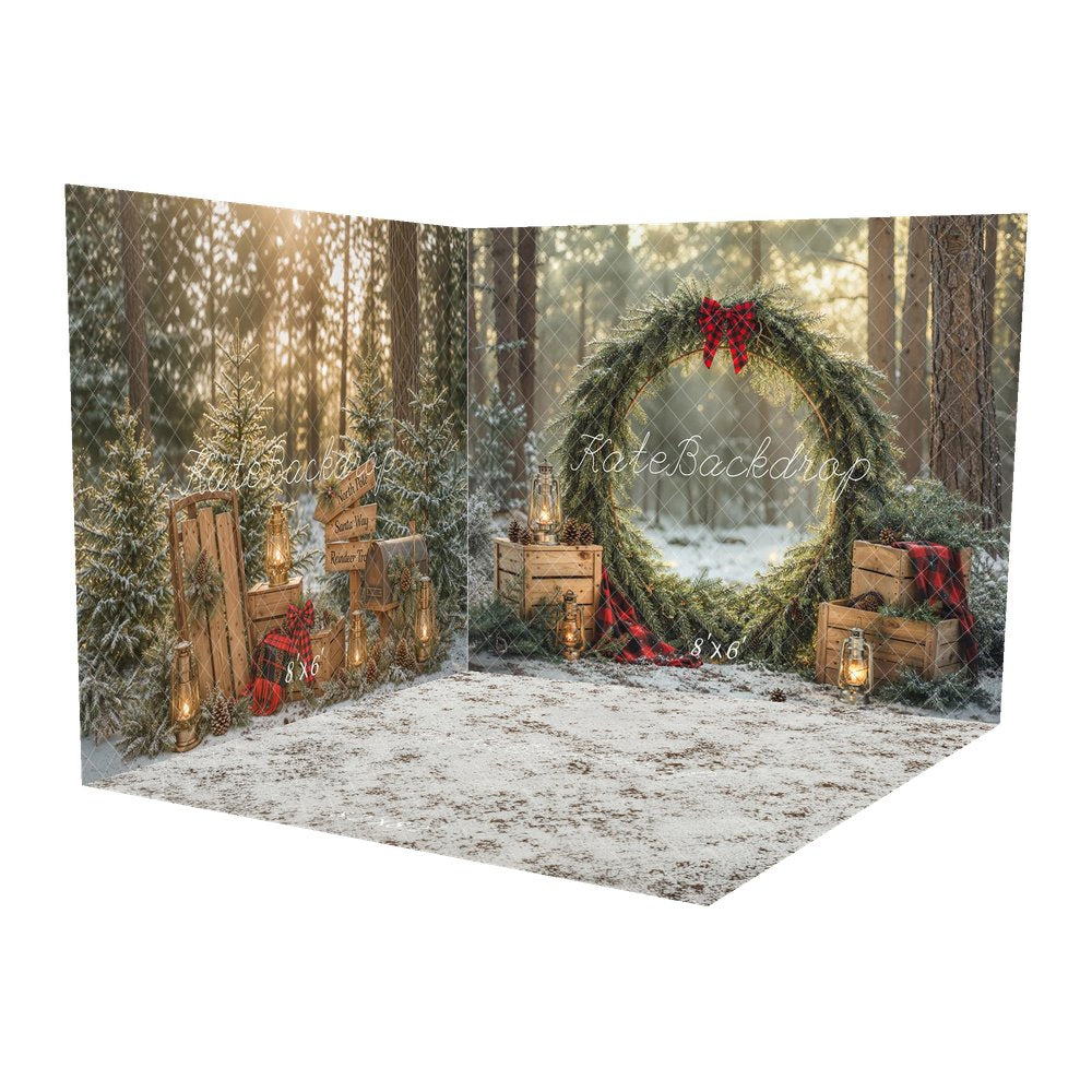 Kate Christmas Greenery Wreath Forest Crates Lanterns Printed Backdrop Room Set