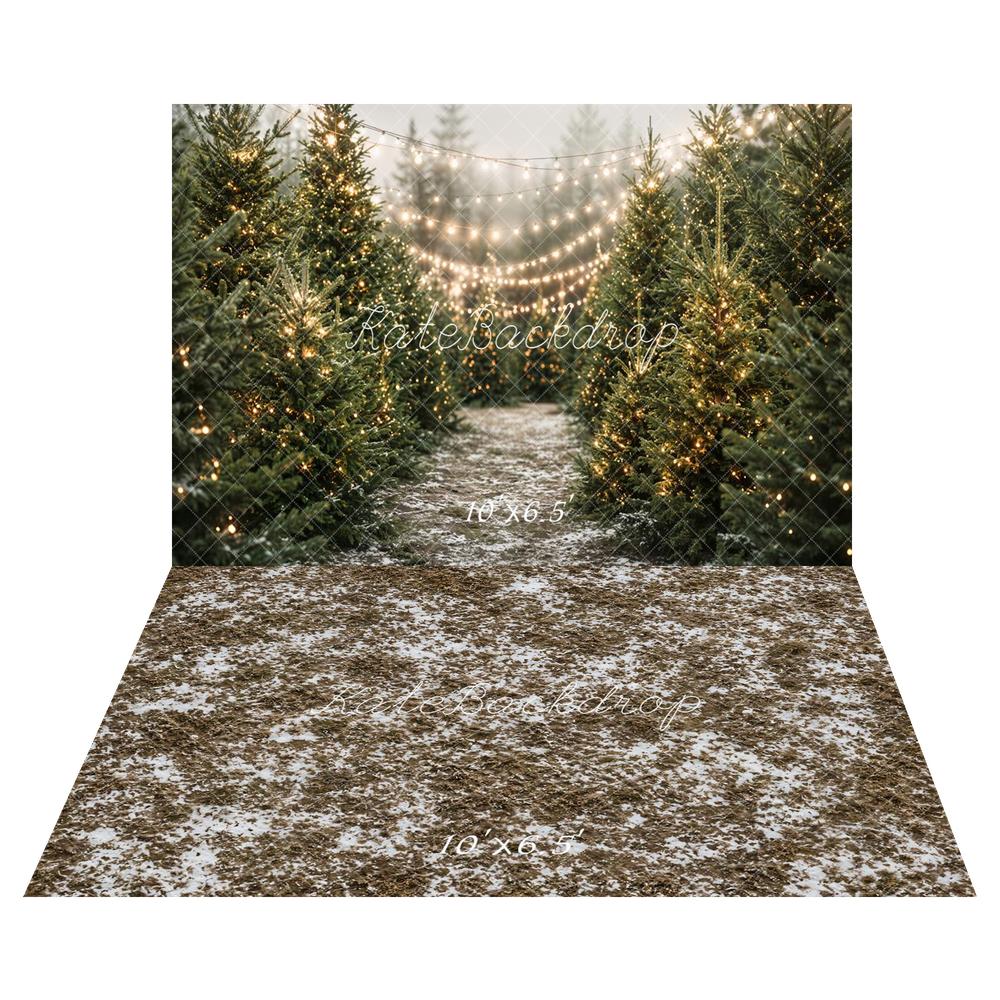 Kate Christmas Pine Tree Forest String Lights Printed Backdrop+Snowy Ground Dry Grass Floor Printed Backdrop