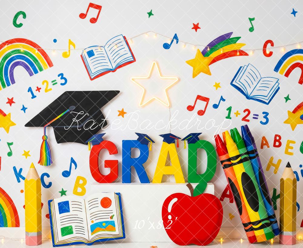 Kate Graduation Rainbow Books Crayons Music Notes Printed Backdrop Designed by Patty Roberts