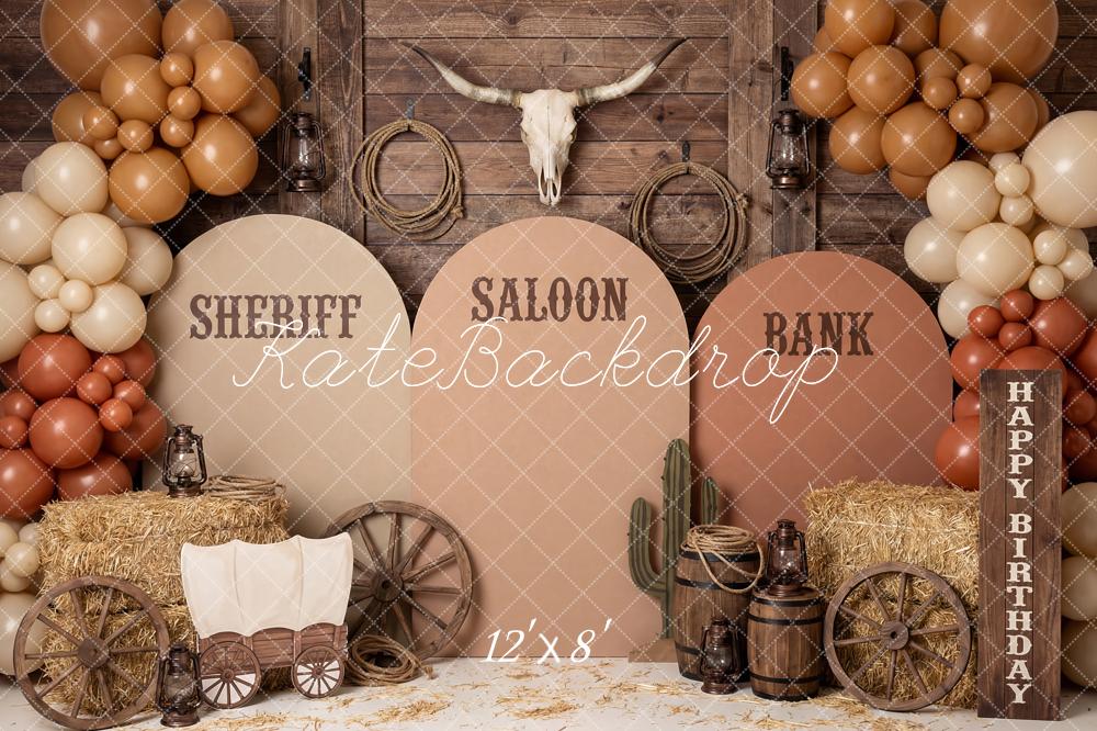 Kate Cake Smash Western Saloon Sheriff Bank Wagon Balloons Printed Backdrop Designed by Patty Roberts