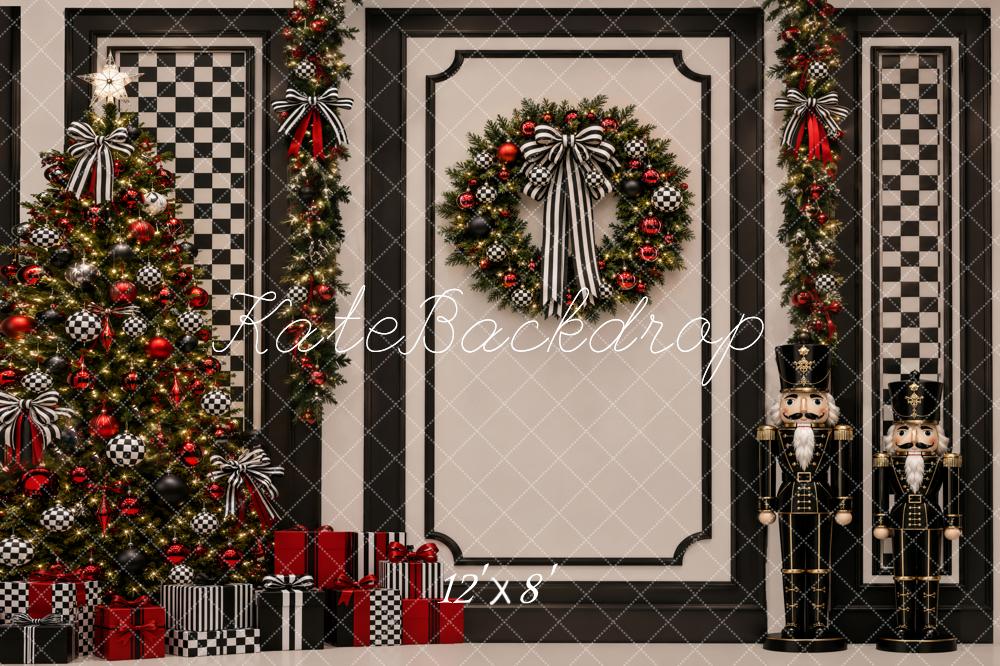 Kate Christmas Nutcracker Tree Wreath Checkered Black Printed Backdrop Designed by Vertigo Productions
