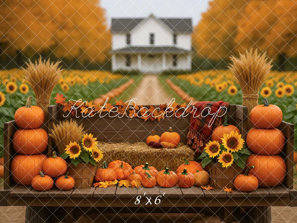 Kate Fall Pumpkins Sunflowers Hay Bale Cart House Backdrop Designed by Mini MakeBelieve
