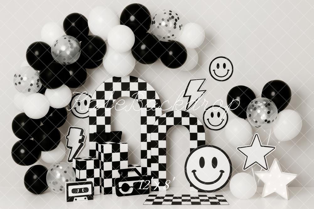 Kate Cake Smash Black White Checkered Arch Balloons Smiley Face Backdrop Designed by Patty Roberts