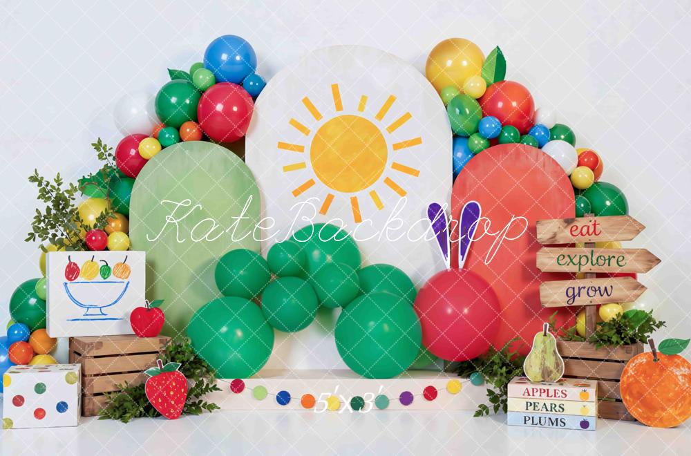 TEST Kate Cake Smash Colorful Catepillar Balloon Sun Fruit Crates Printed Backdrop Printed Backdrop Designed by Mini MakeBelieve