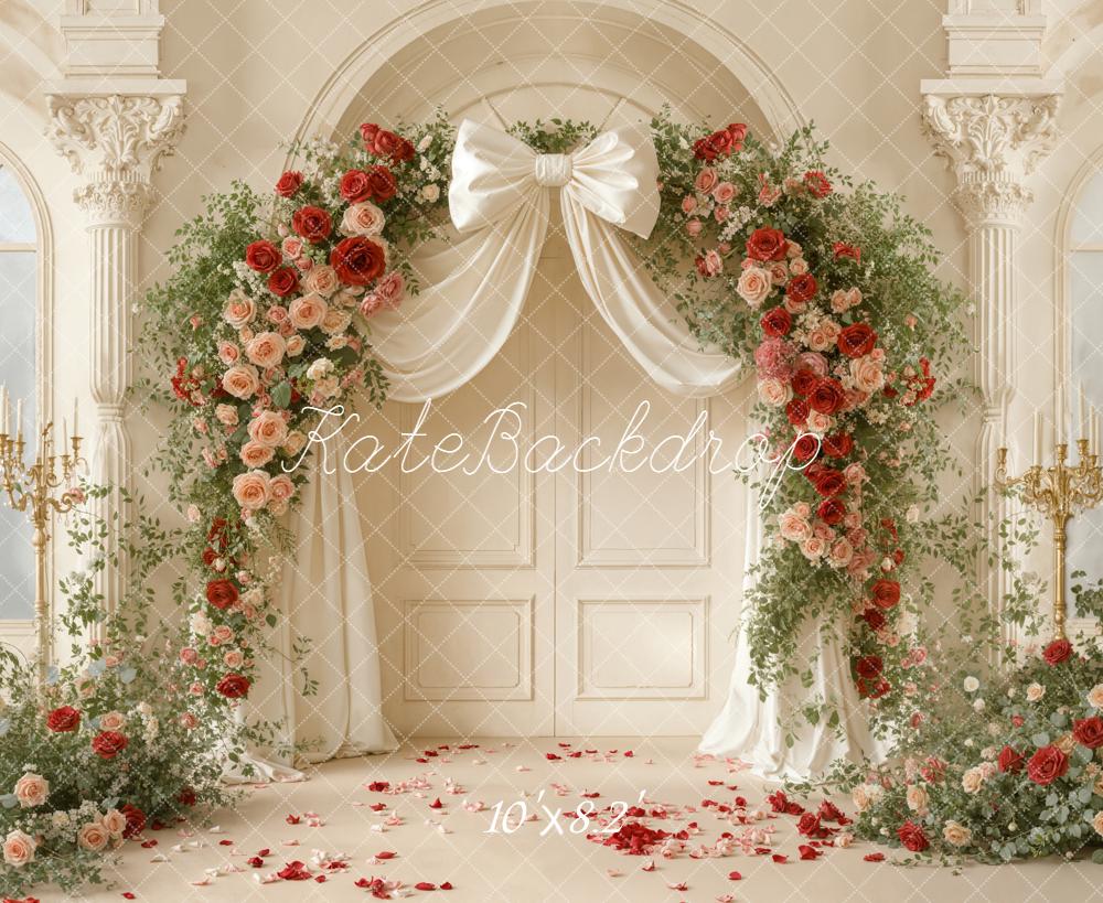 Kate Valentines Flower Arch Bow Ivory Columns Roses Indoor Backdrop Designed by Emetselch
