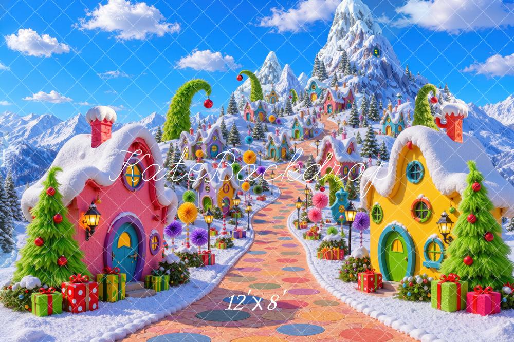 Kate Christmas Whimsical Whoville Candy Village Snowy Mountains Printed Backdrop Designed by Mini MakeBelieve