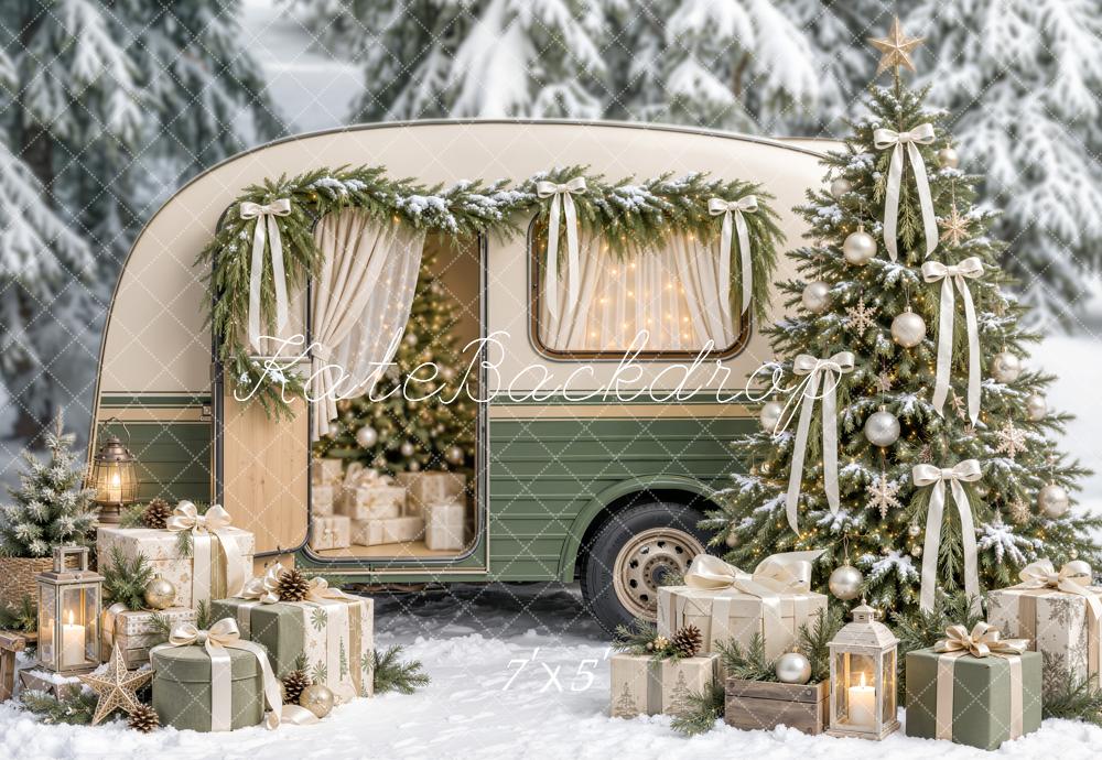 Kate Christmas Vintage Camper Tree Bows Snowy Forest Presents Printed Backdrop Designed by Emetselch