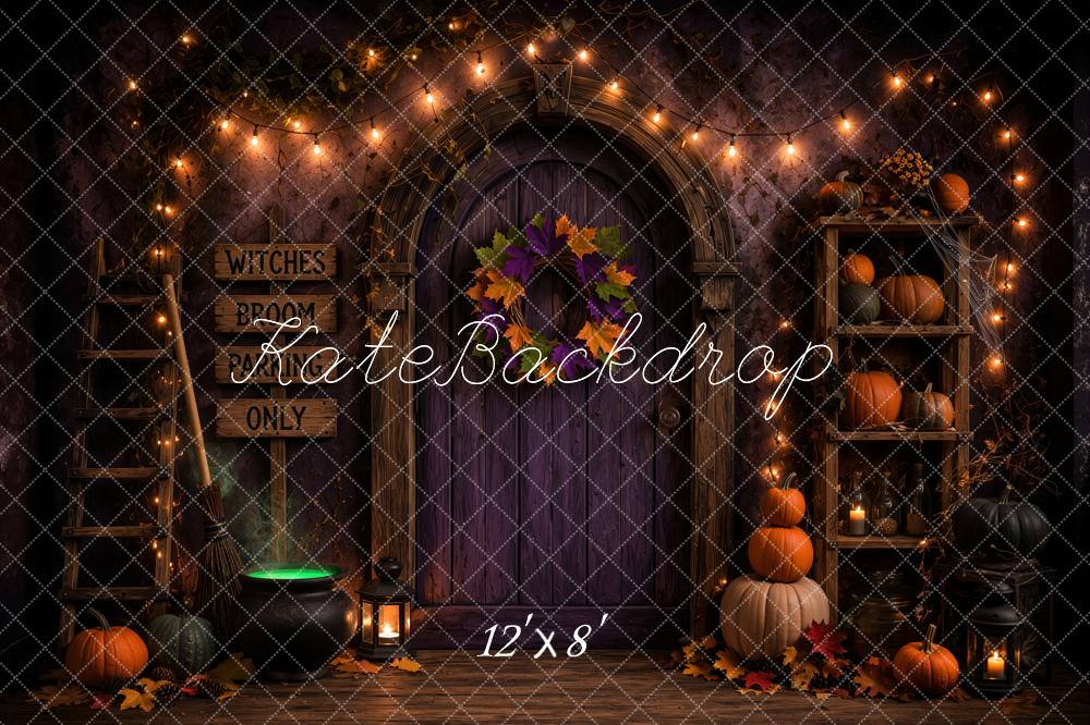 Kate Halloween Witch Doorway Pumpkins Shelf Printed Backdrop Designed by Ashley Ward