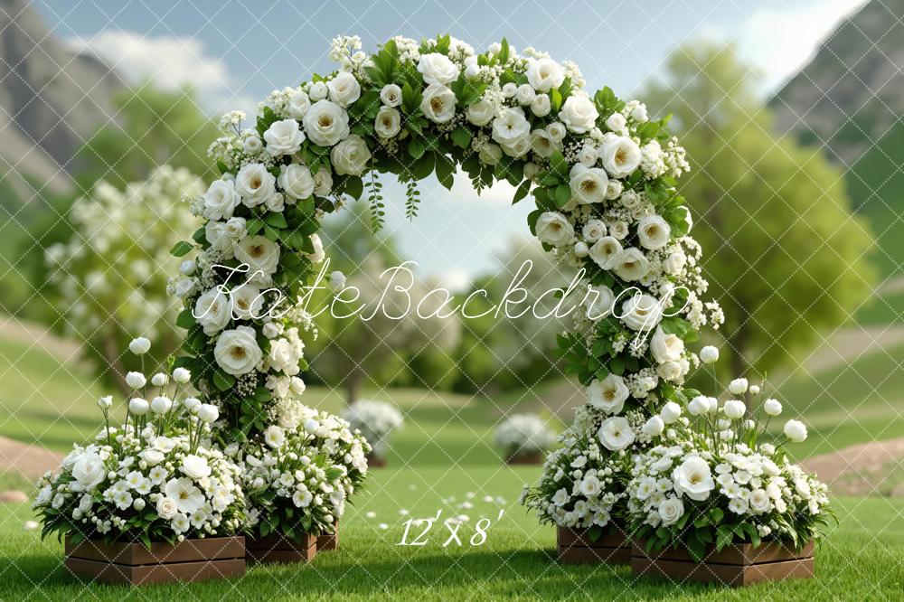 Kate Spring Flower Arch White Roses Garden Printed Backdrop Designed by Mini MakeBelieve