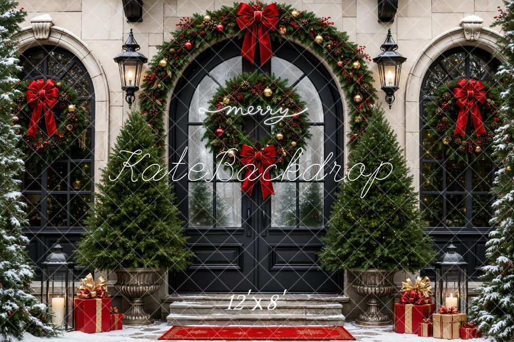 Kate Christmas Retro Black Entryway Arched Doorway Wreaths Trees Bows Printed Backdrop Designed by Emetselch
