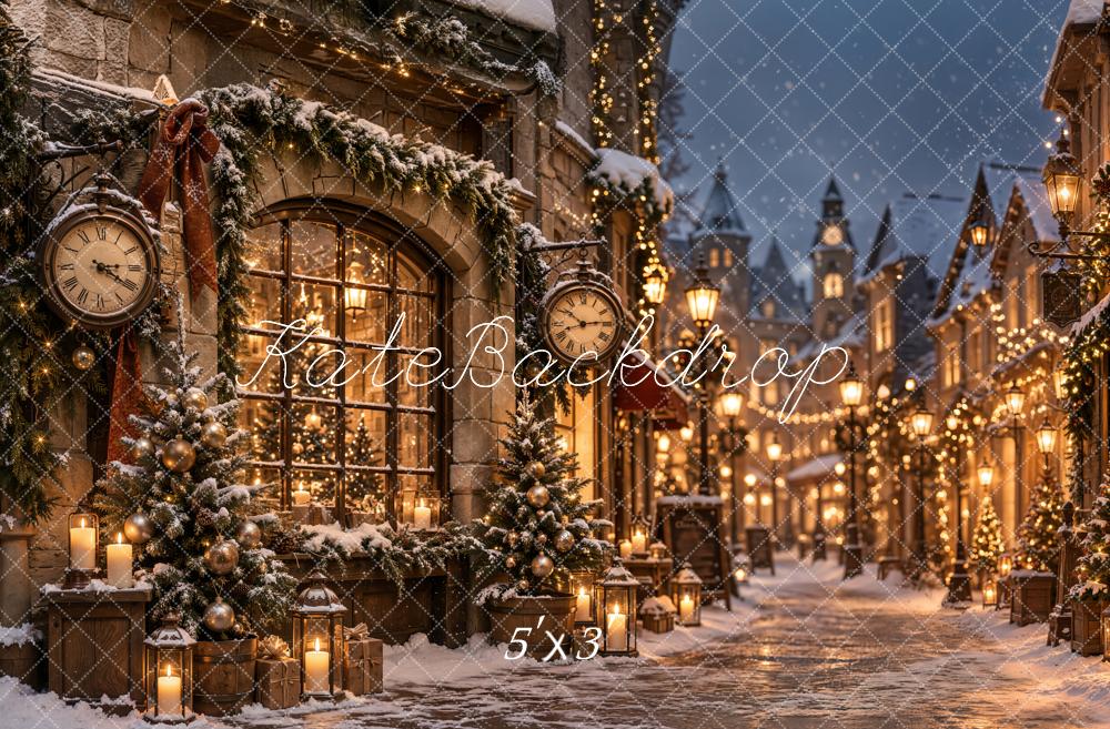 Kate Christmas Snowy Village Street Vintage Clock Printed Backdrop Designed by Emetselch
