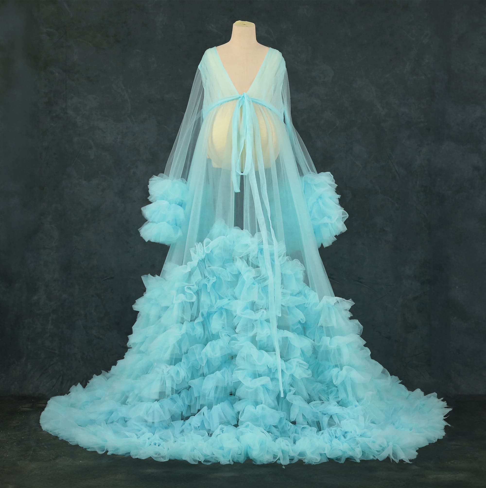 Kate Mesh V-neck Trailing Mid Sleeve Custom Maternity Photoshoot Gowns