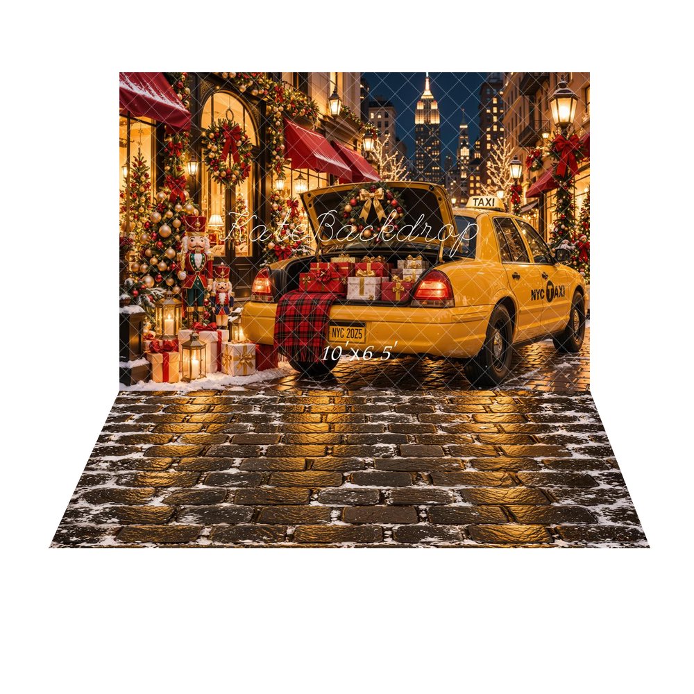 Kate Christmas Urban New York City Yellow Taxi Gifts Printed Backdrop+Winter Snowy Brick Floor Printed Backdrop