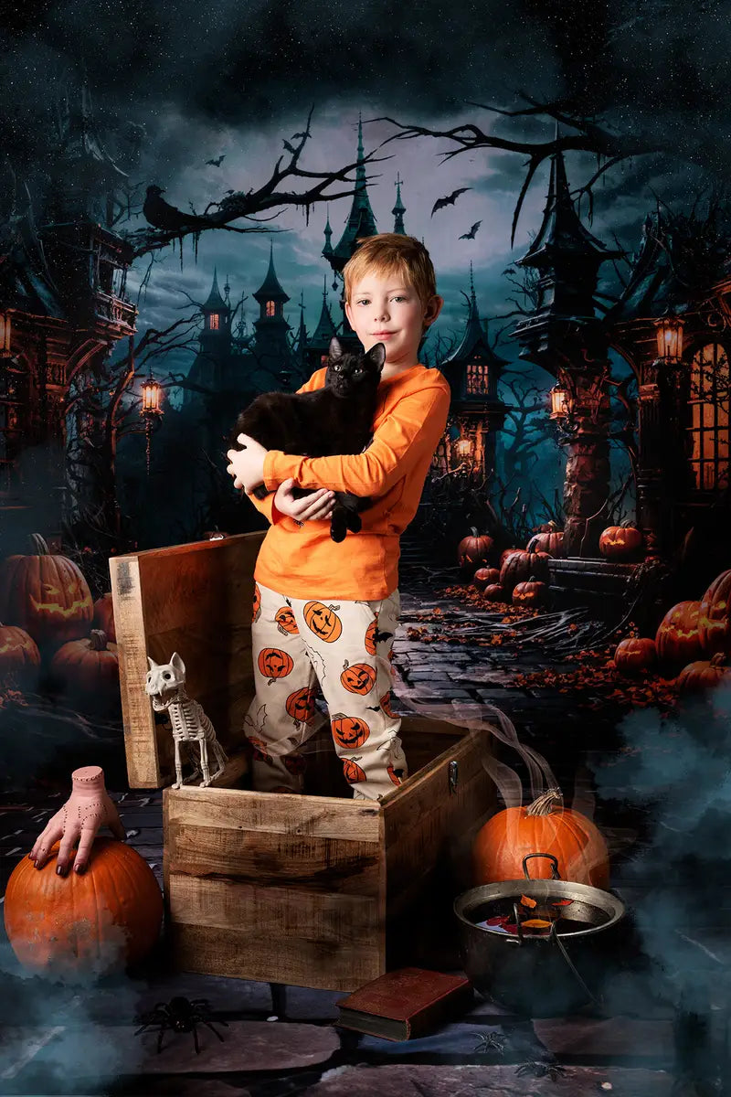 Kate Halloween Bat Pumpkin Castle Backdrop Designed by Chain Photography